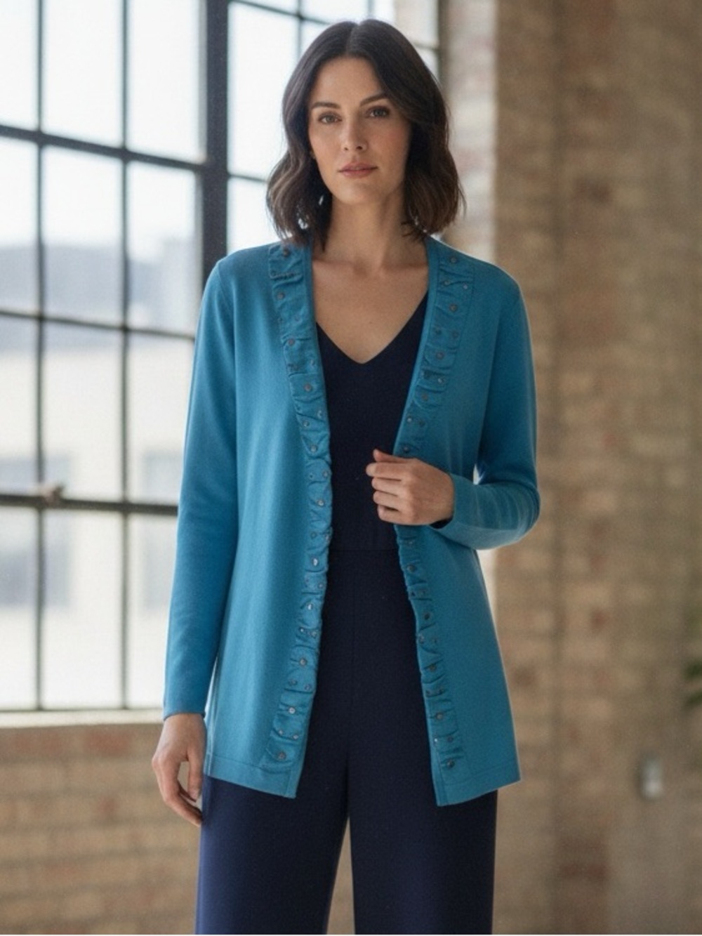 Mercer Street Studio Turquoise Ruffled Studded Open Front Cardigan Medium New